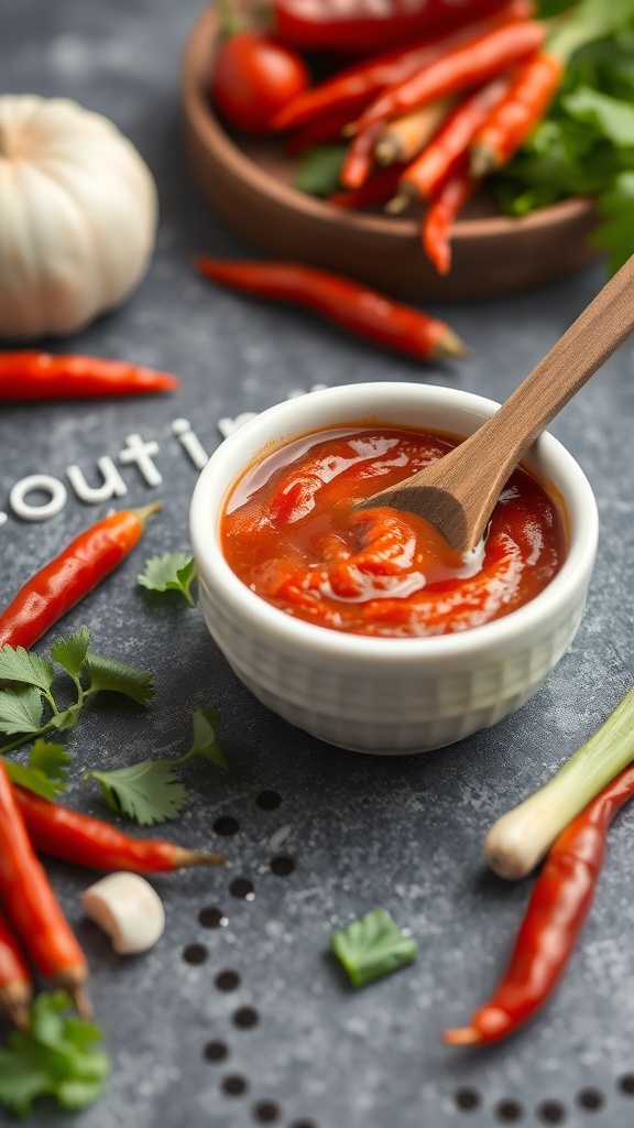 A bowl of gochujang chili paste with fresh red chilies, garlic, and cilantro on a dark surface.