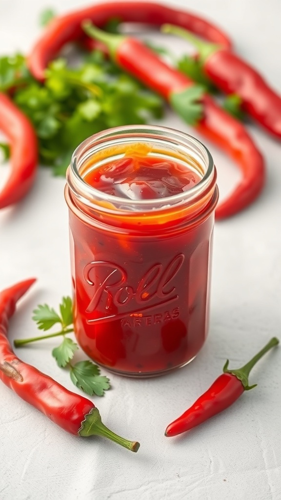 A jar of chili pepper jam surrounded by fresh chili peppers and cilantro.