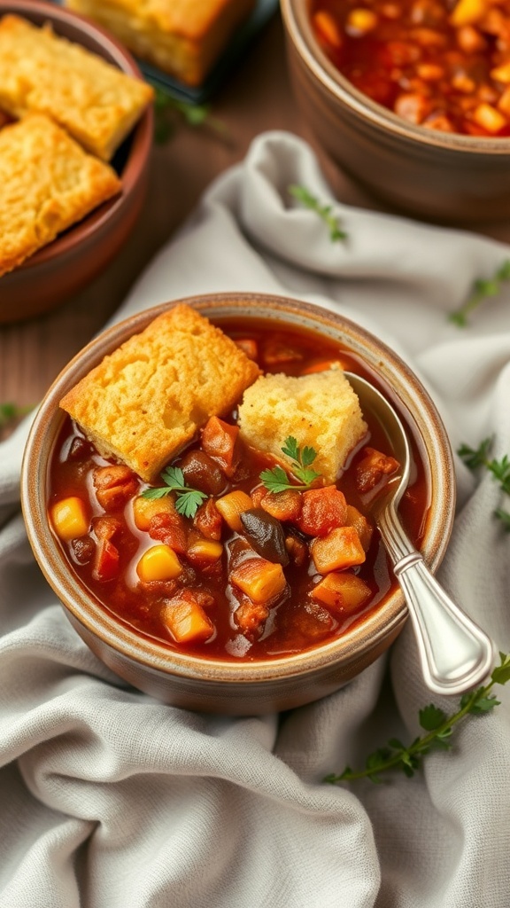 A bowl of chili topped with cornbread, garnished with cilantro, on a soft cloth.