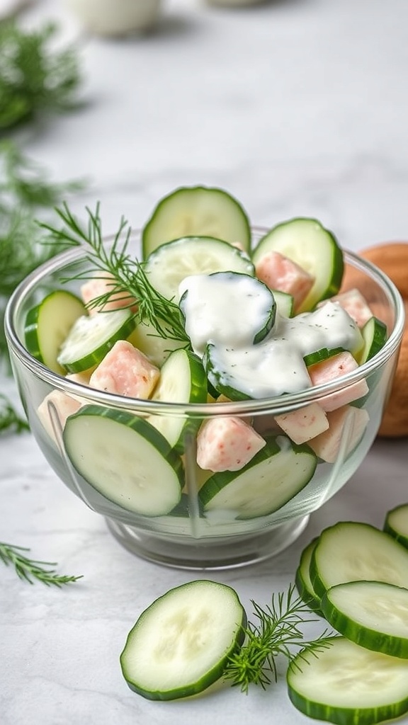 A bowl of chilled cucumber salad with cucumber slices, diced meat, and creamy dressing, garnished with dill.