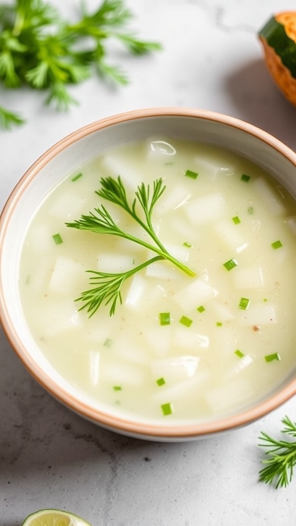 A bowl of chilled cucumber soup garnished with herbs, with a cucumber and lemon slice beside it.