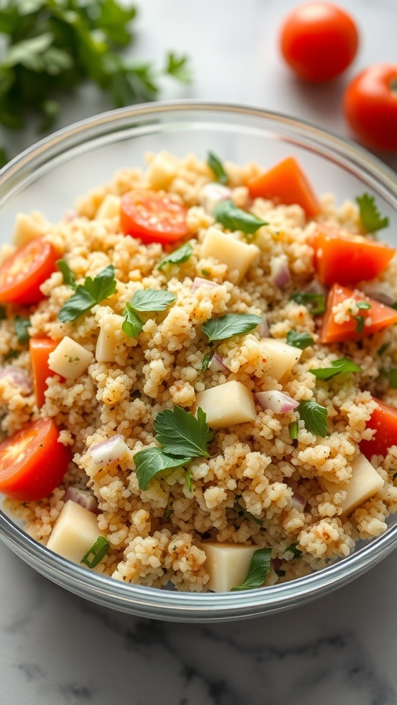 Chilled quinoa salad with tomatoes, cucumbers, and parsley in a glass bowl
