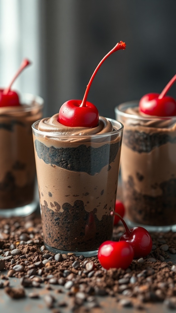 Chilling Cherry Dirt Cups with chocolate pudding, crushed cookies, and cherries on top