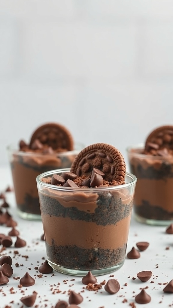 Chocolate chip cups with layers of chocolate pudding and crushed Oreos, topped with chocolate chips and an Oreo cookie.