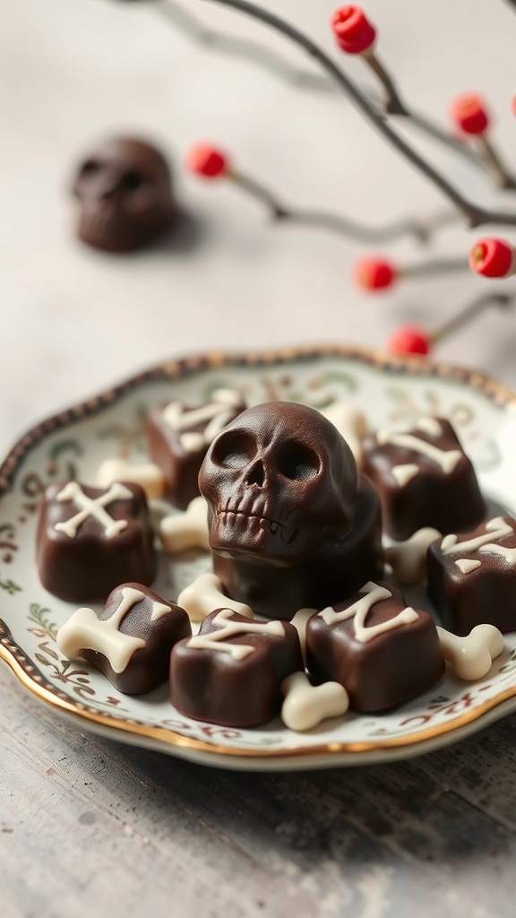 A plate of chilling chocolate mints shaped like skulls and bones, set against a vintage book background.