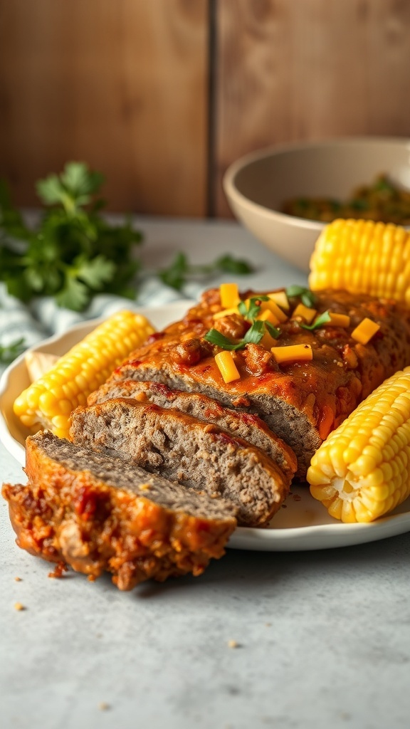 A sliced chipotle cheddar meatloaf served with corn on a plate.