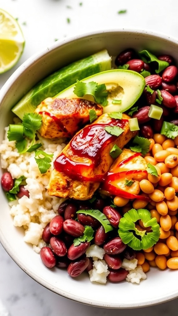 A colorful Chipotle Chicken Burrito Bowl with rice, chicken, beans, and fresh toppings.
