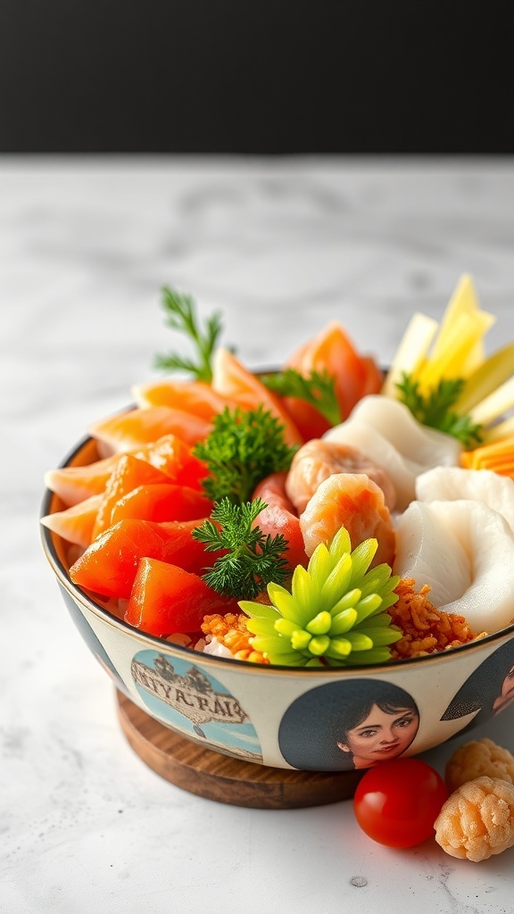A colorful chirashi sushi bowl filled with various sashimi, vegetables, and garnishes.