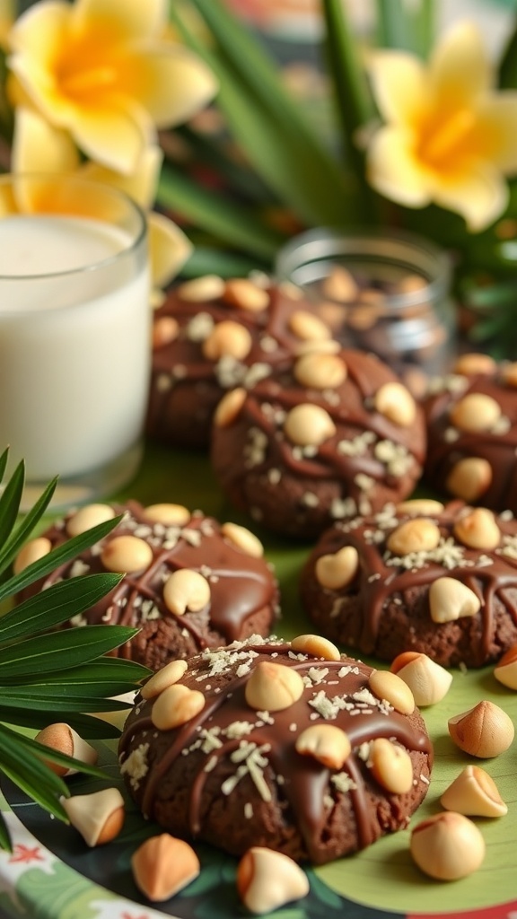 Choco-Coconut Macadamia Cookies with chocolate drizzle and white chocolate chips, surrounded by tropical flowers and a glass of milk.