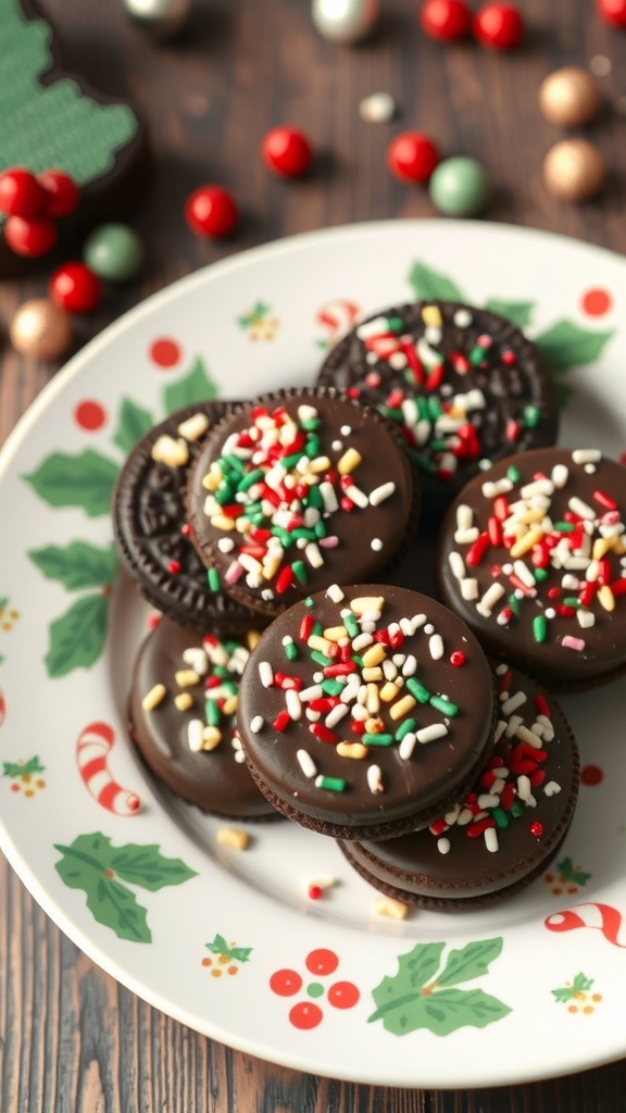 A plate of chocolate-covered Oreos decorated with colorful sprinkles for Christmas.