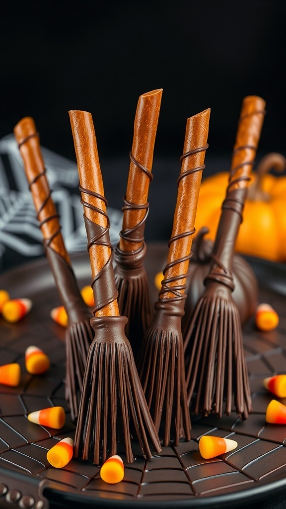 Chocolate-covered pretzel broomsticks with candy corn on a black plate