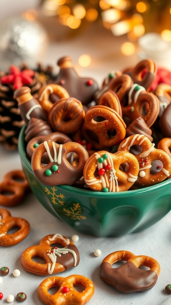 A bowl of chocolate-covered pretzels surrounded by festive decorations