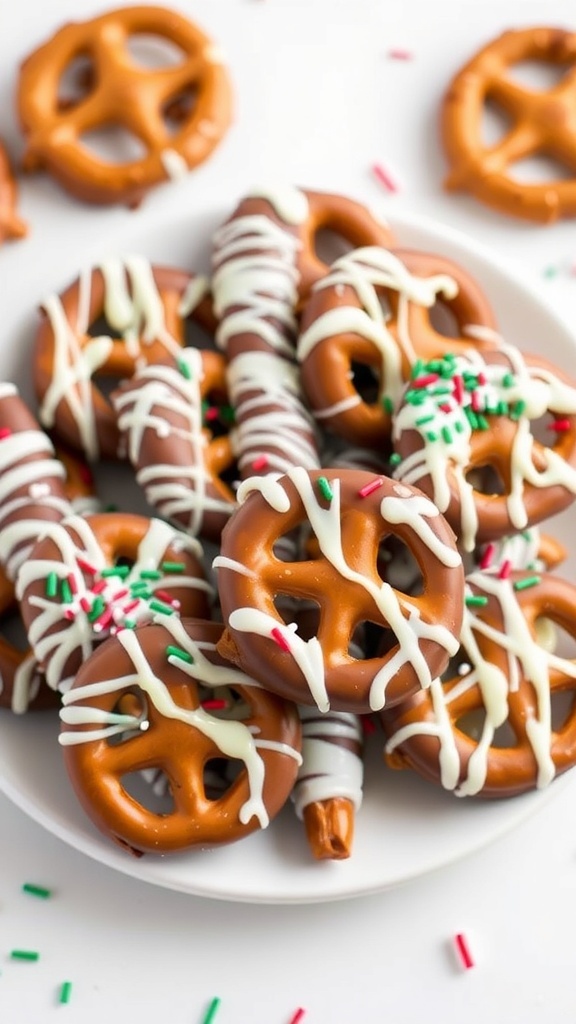 A plate of chocolate-covered pretzels decorated with festive sprinkles.