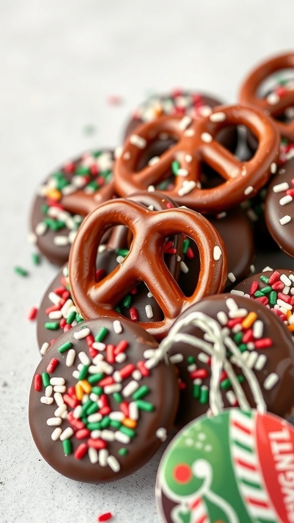 Chocolate-covered pretzels with colorful sprinkles