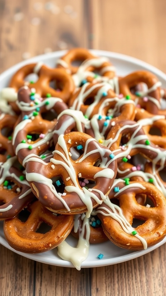 A plate of chocolate-covered pretzels decorated with colorful sprinkles.