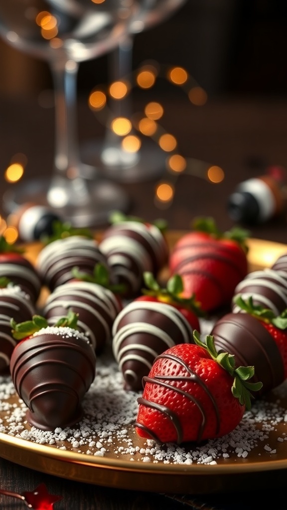 A plate of chocolate-covered strawberries with a festive background