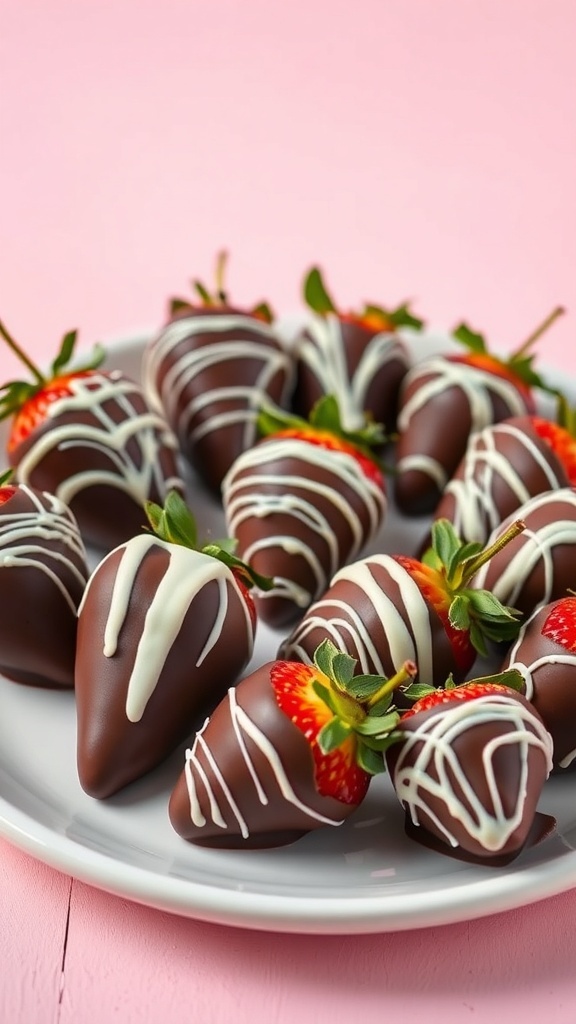 A plate of chocolate-covered strawberries with decorative white chocolate drizzle on top.