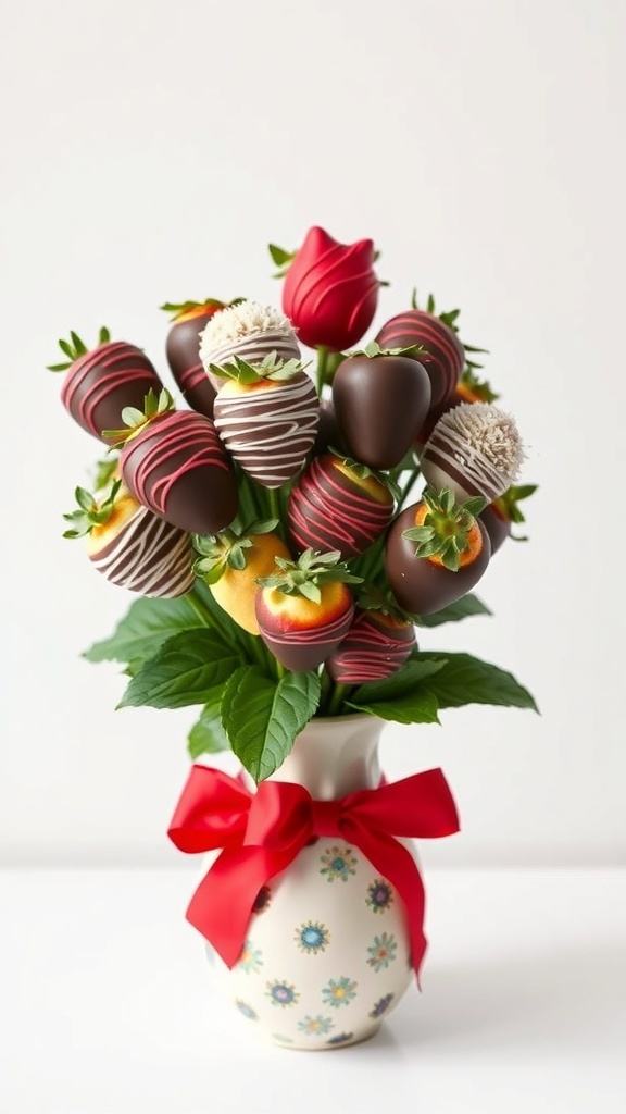 A bouquet of chocolate-covered strawberries with a red rose, arranged in a decorative vase.