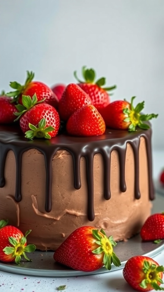 A chocolate-covered strawberry cake topped with fresh strawberries and chocolate ganache.