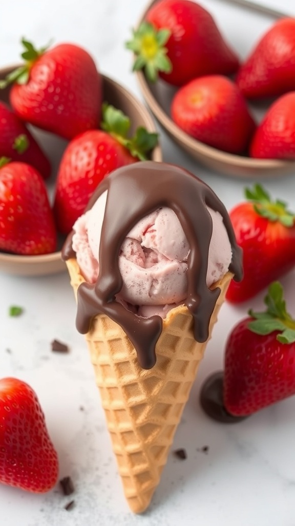 A delicious cone of chocolate-covered strawberry ice cream with fresh strawberries in the background.