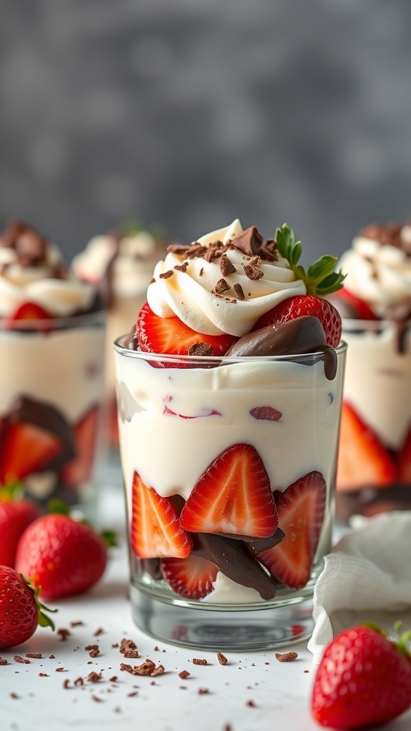 Chocolate-covered strawberry parfaits in clear glasses with whipped cream and chocolate shavings.