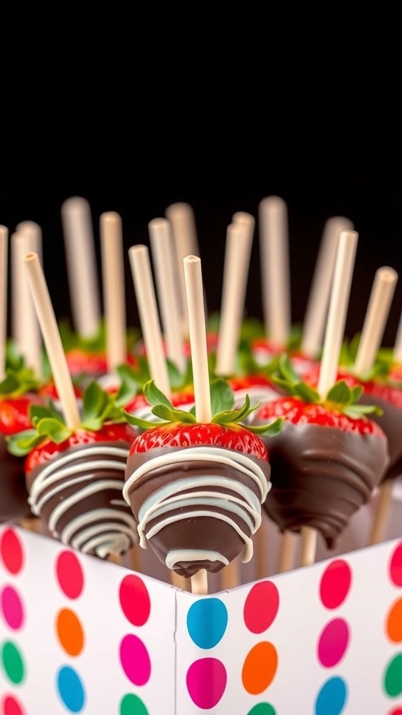 Chocolate-covered strawberry pops with colorful decorations