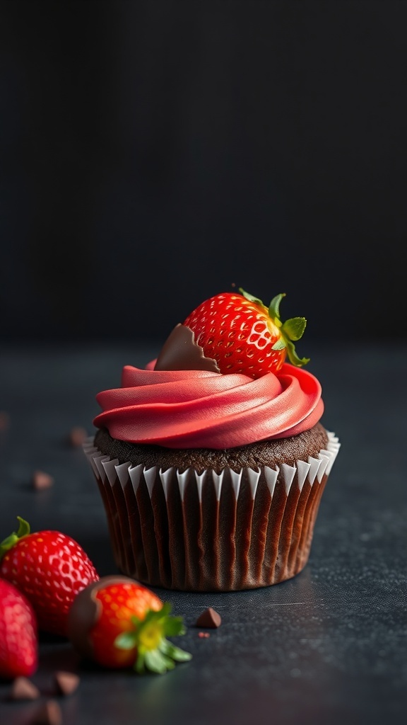 Chocolate cupcake with strawberry frosting and a chocolate-covered strawberry on top.