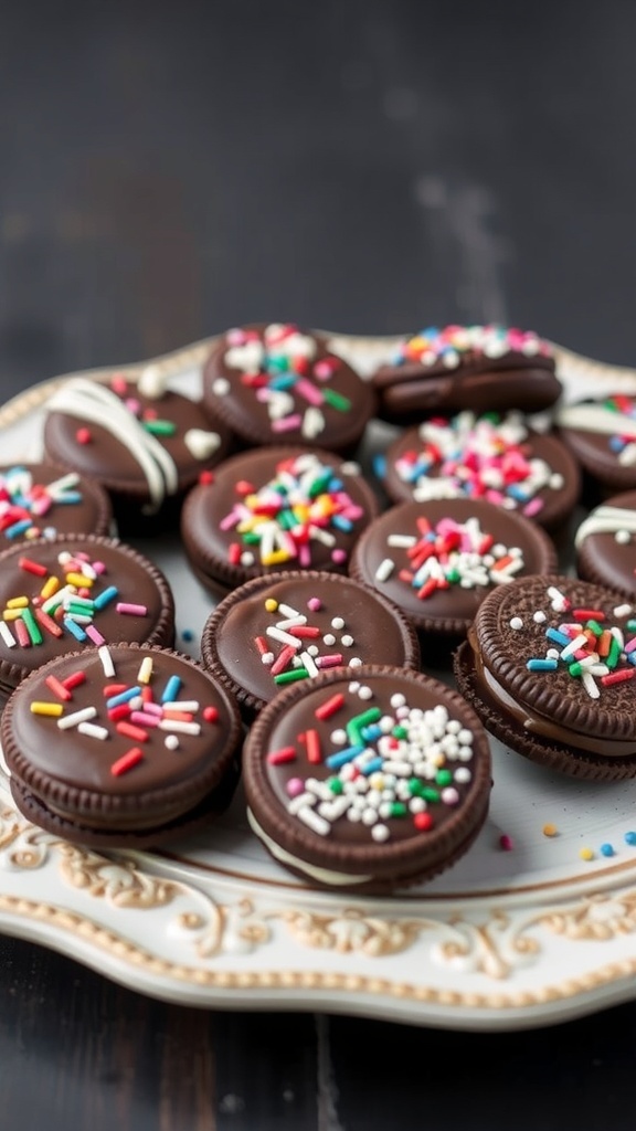 A plate of chocolate-dipped Oreos decorated with colorful sprinkles.