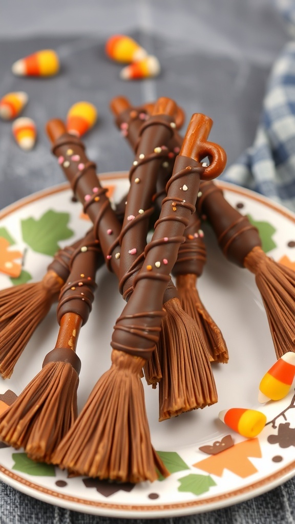 Chocolate-dipped pretzel broomsticks on a plate with candy corn