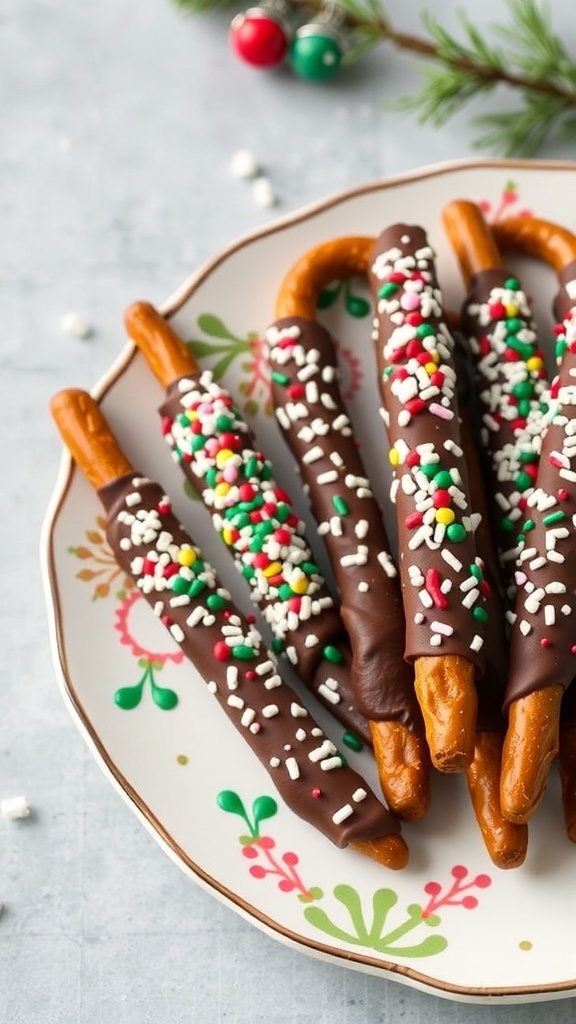 A plate of chocolate-dipped pretzels decorated with colorful sprinkles.
