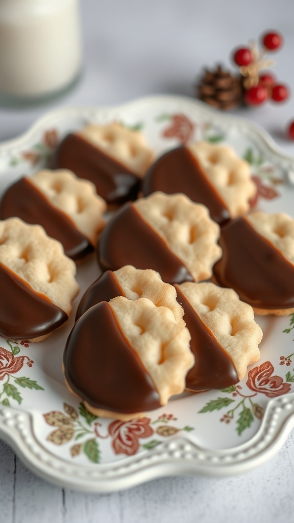 Chocolate-dipped shortbread cookies on a decorative plate