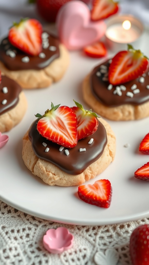 Chocolate-dipped strawberry cookies decorated with fresh strawberries and surrounded by roses and heart-shaped candies.