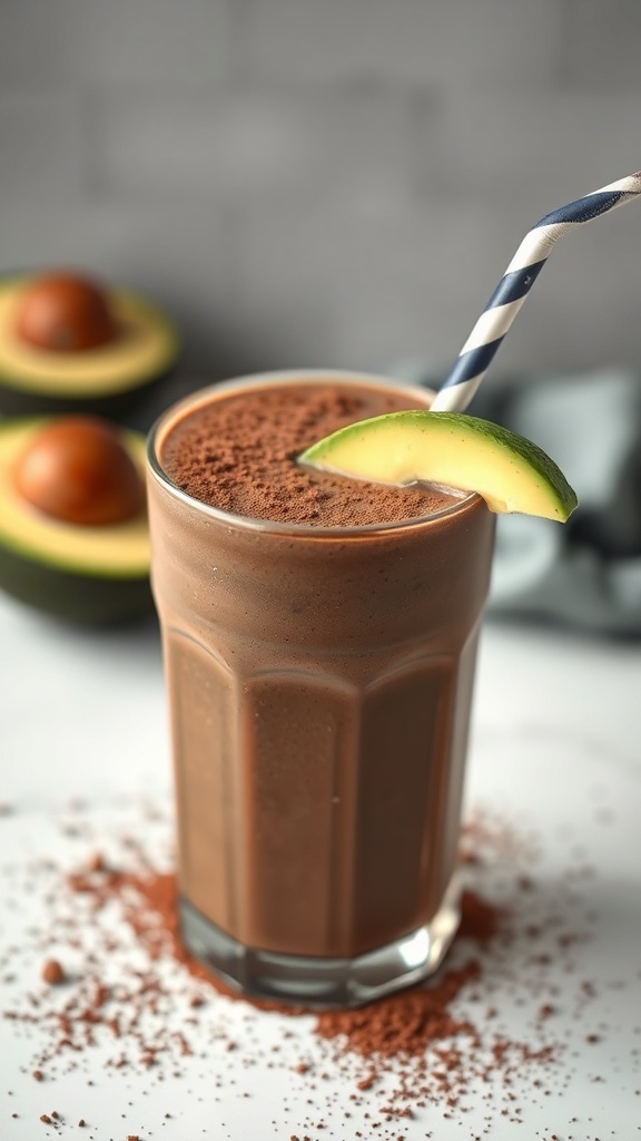 A glass of chocolate avocado smoothie topped with cocoa powder and a slice of avocado.
