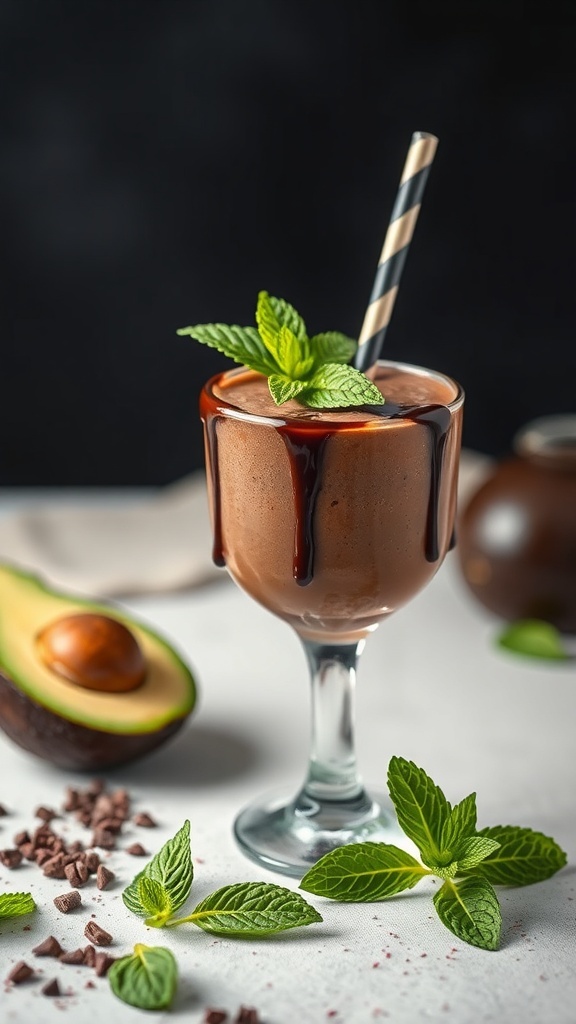 A chocolate avocado smoothie in a glass, topped with chocolate drizzle and mint leaves, with an avocado half and chocolate pieces nearby.
