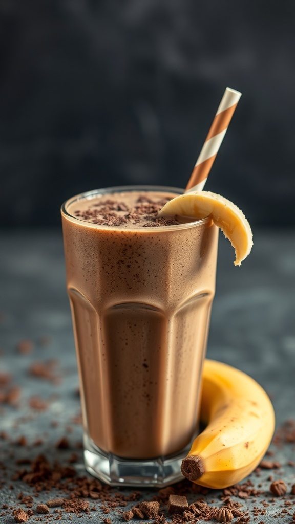 A tall glass of chocolate banana smoothie with a banana slice and a striped straw.