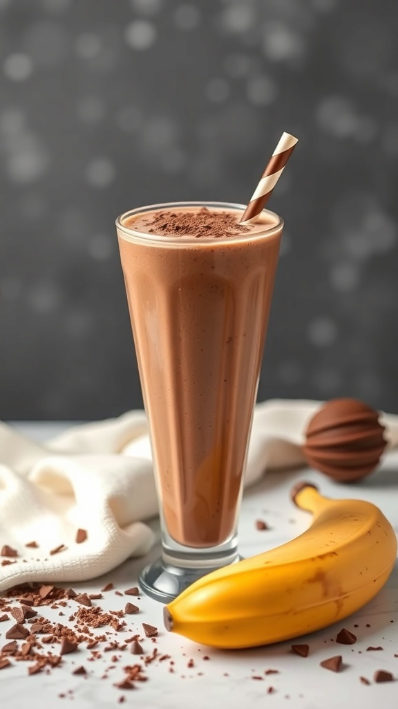 A tall glass of chocolate banana smoothie with a straw, surrounded by banana and chocolate pieces.