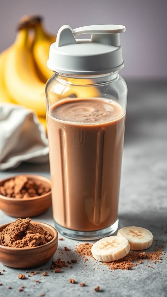 A chocolate banana protein shake in a shaker bottle, with a banana and cocoa powder on a table.