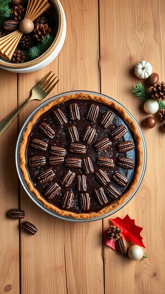 A delicious Chocolate Bourbon Pecan Pie topped with pecans on a wooden table, surrounded by festive decorations.