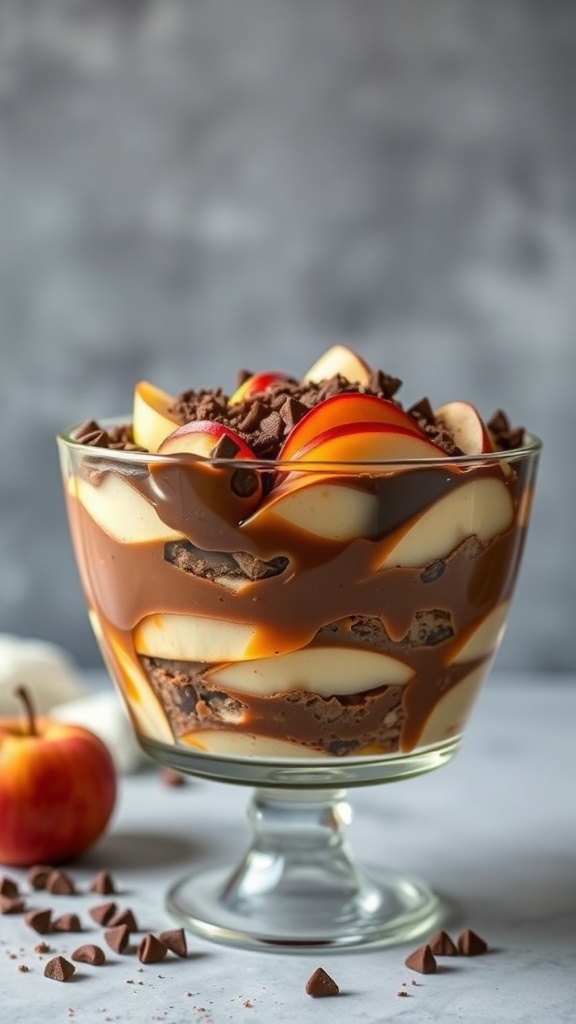A delicious Chocolate Caramel Apple Trifle with layers of chocolate cake, vanilla pudding, caramel sauce, and topped with sliced apples and chocolate chips.