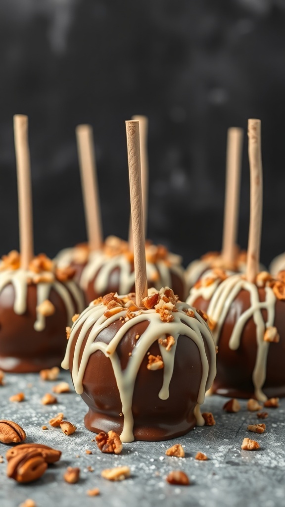 Chocolate caramel apples drizzled with white chocolate and topped with nuts.