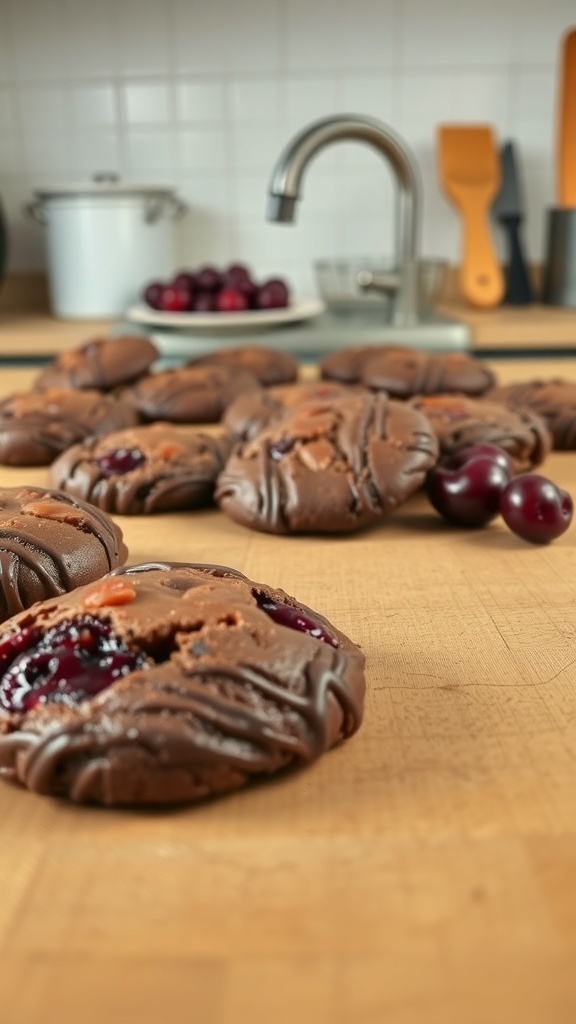A close-up of chocolate cherry cookies on a wooden surface, with fresh cherries in the background.
