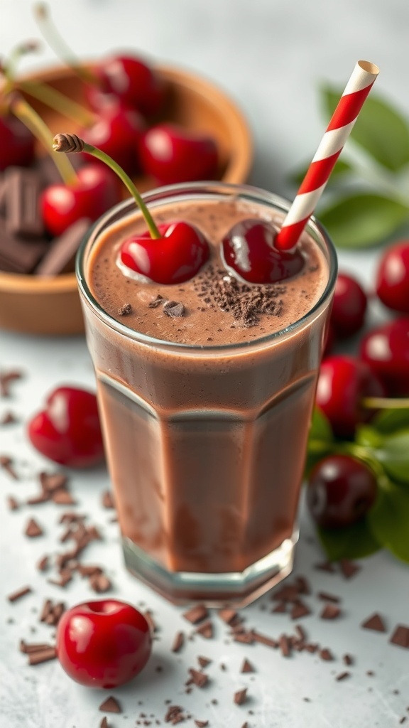 A delicious chocolate cherry smoothie in a glass, topped with cherries and surrounded by fresh cherries and chocolate pieces.