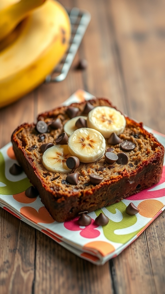A slice of chocolate chip banana bread topped with banana slices and chocolate chips on a colorful napkin.