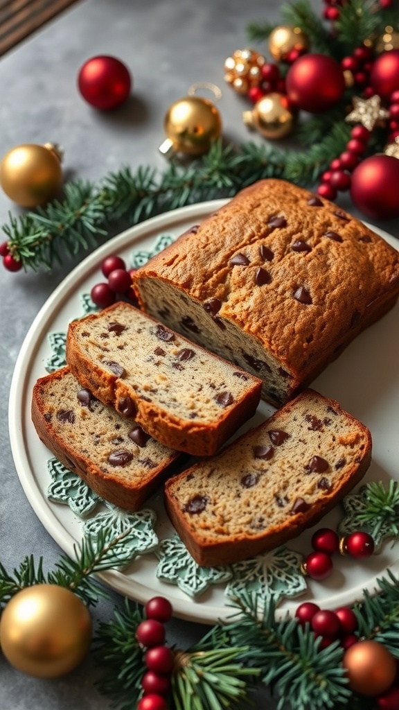 A loaf of chocolate chip banana bread sliced on a festive plate surrounded by Christmas decorations.