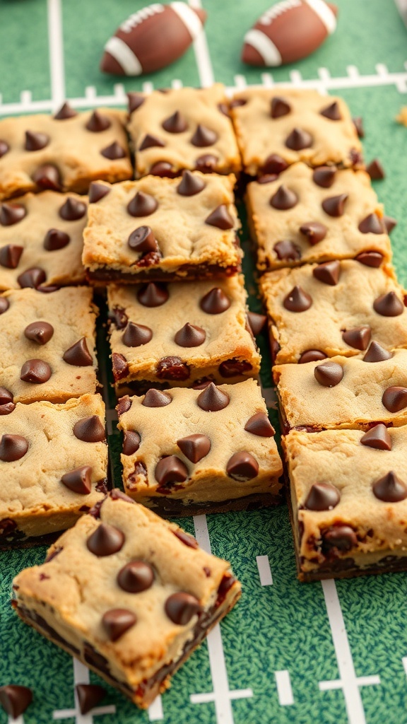Delicious chocolate chip cookie bars on a football-themed table