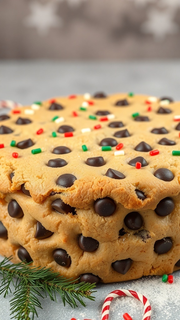 A delicious chocolate chip cookie cake decorated with colorful sprinkles.