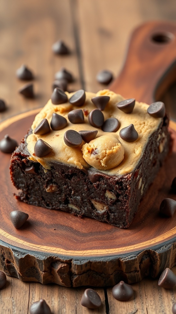 A delicious slice of chocolate chip cookie dough brownies topped with cookie dough and chocolate chips.