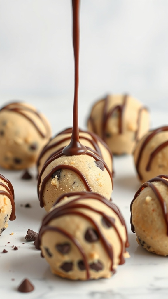 Chocolate chip cookie dough truffles drizzled with chocolate