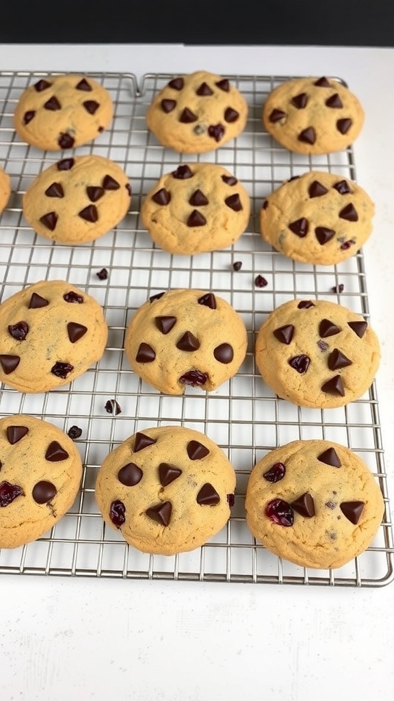 Freshly baked chocolate chip cranberry cookies on a cooling rack.