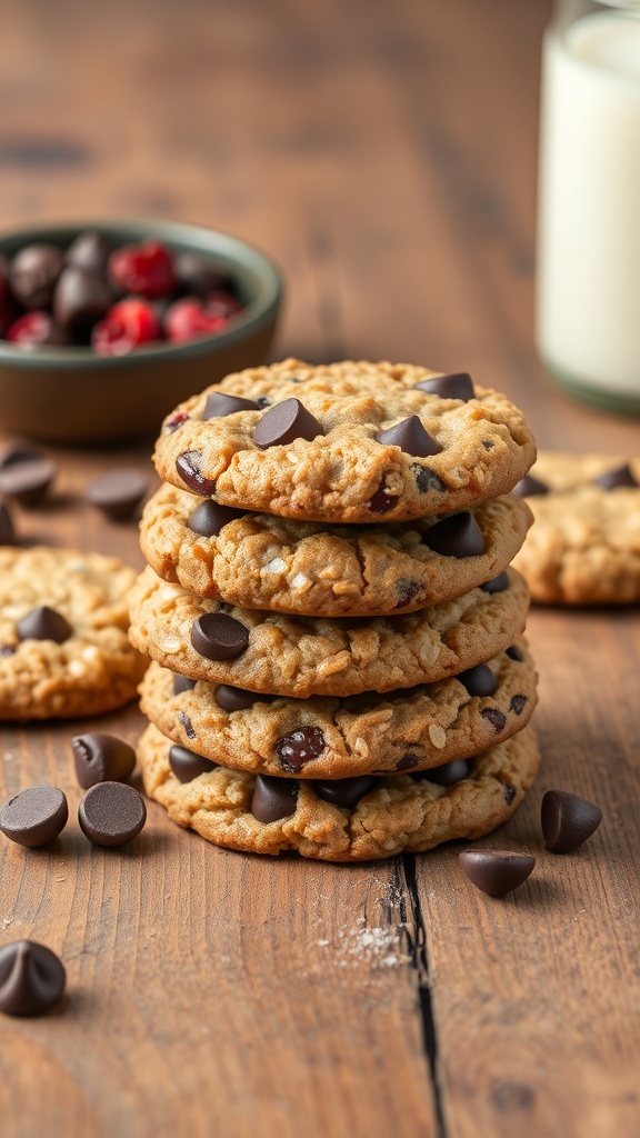 Chocolate Chip Cranberry Oatmeal Cookies stacked on a wooden surface with chocolate chips and cranberries scattered around.